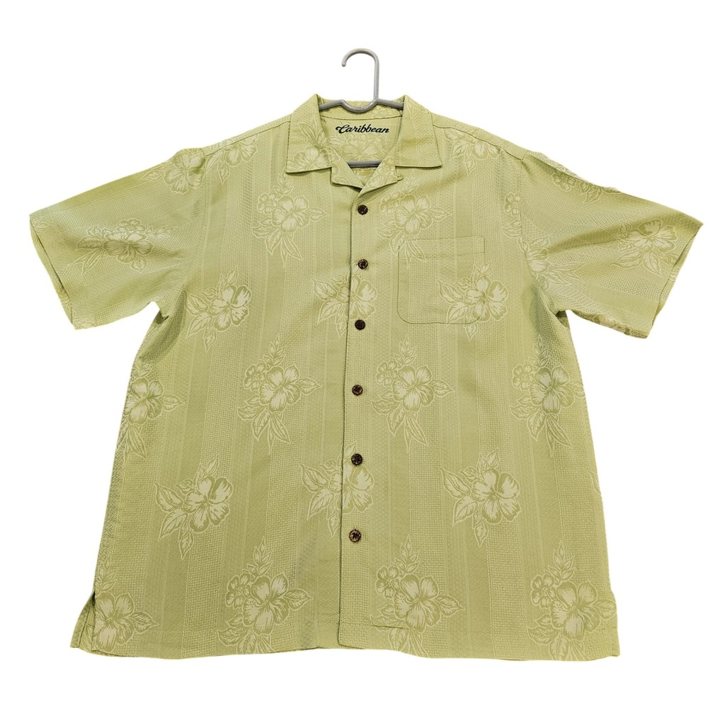 Caribbean Mens Sage Green Hibiscus Floral Modal Blend Camp Shirt Large